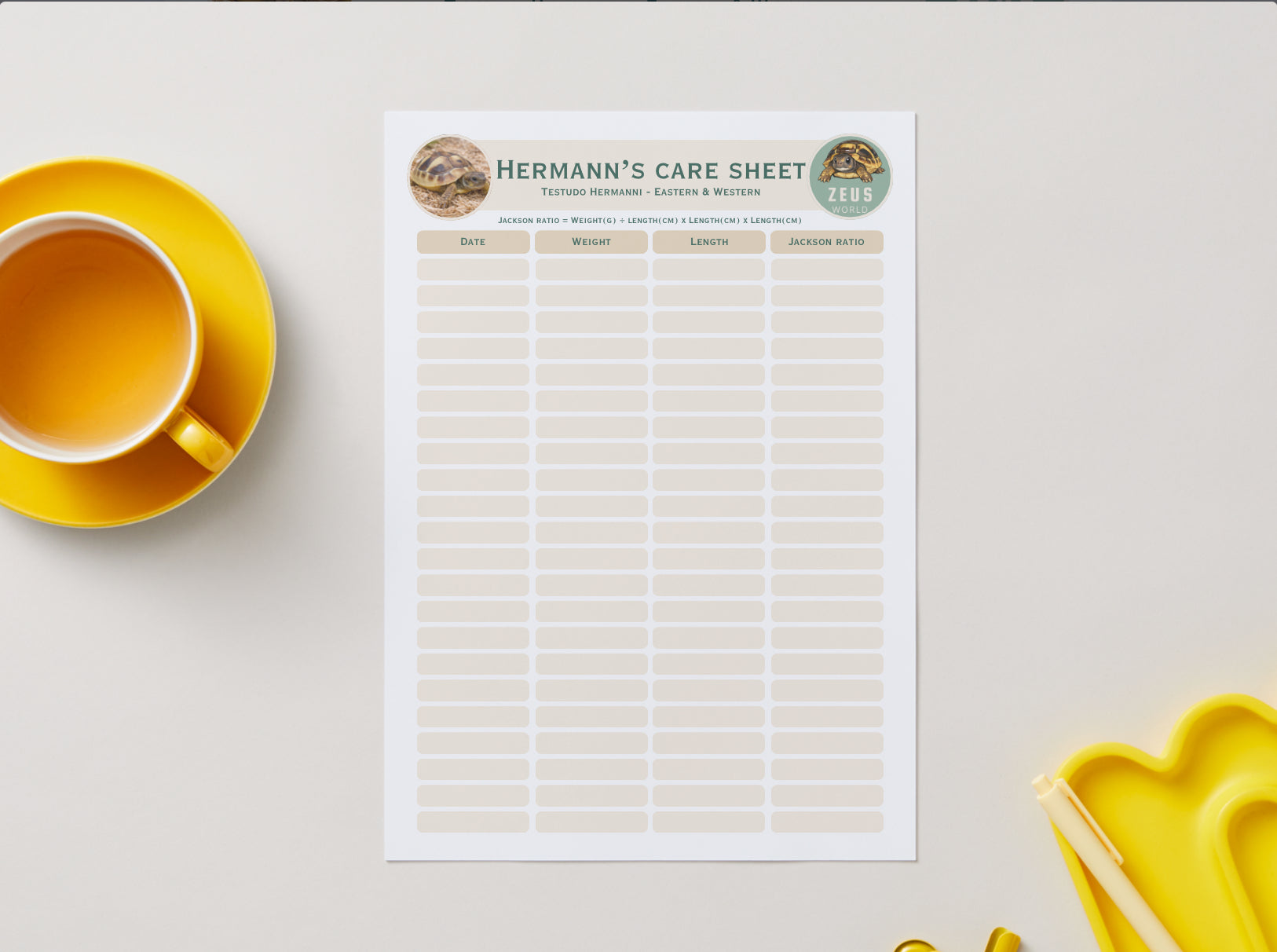 Hermanns Tortoise Weight, Length and Jackson Ratio Tracker (Printable PDF)