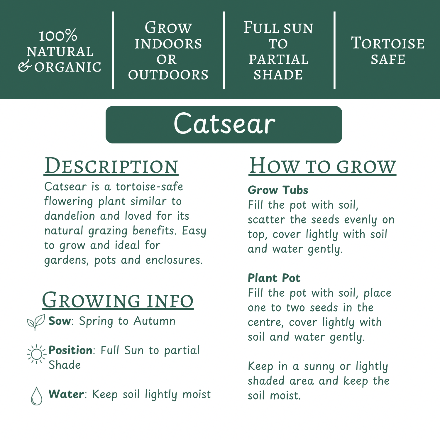Catsear | Grow Your Own Tortoise Food Kit | Tortoise Seeds & Organic Soil | Natural Grazing Kit (Copy)